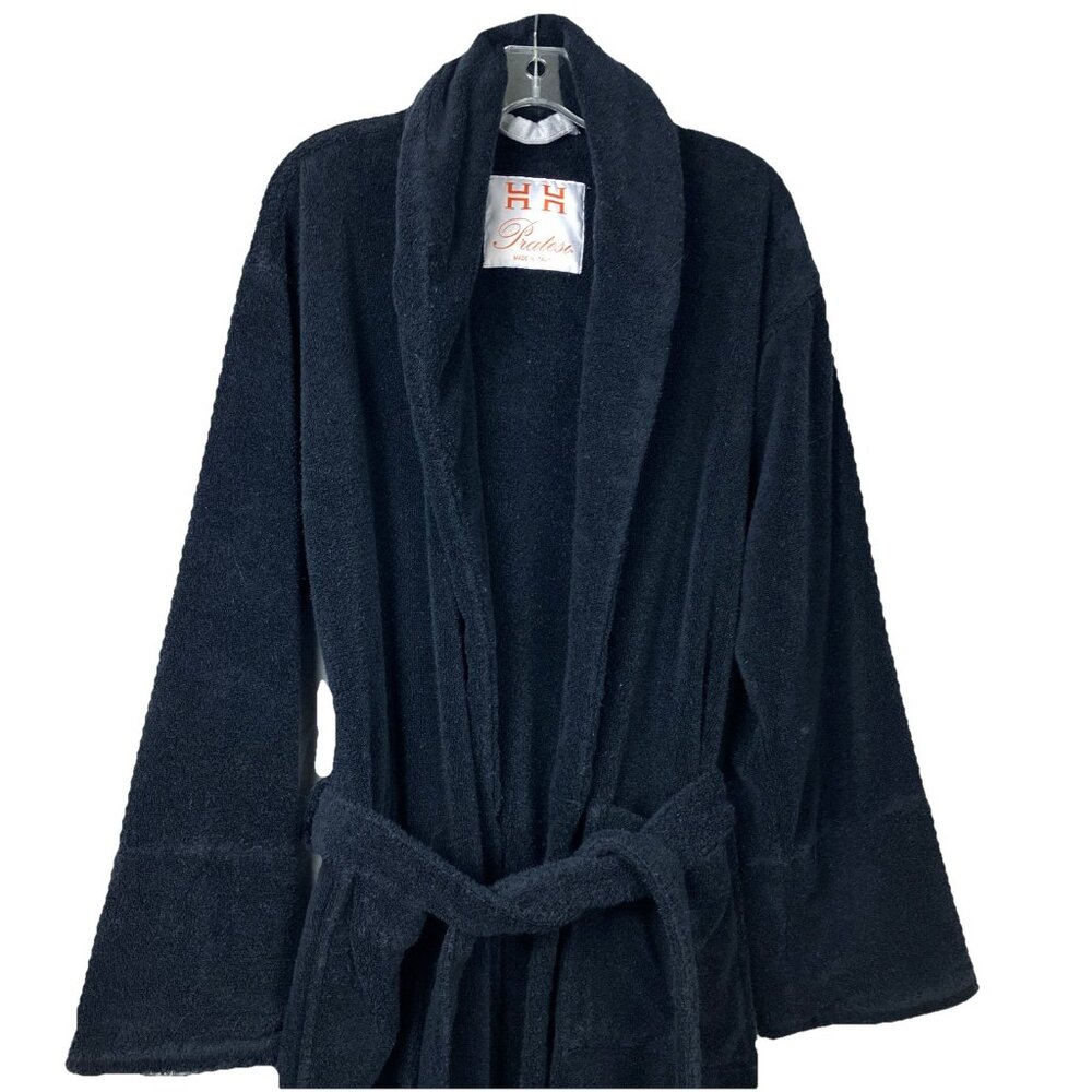 L Mens Pratesi Egyptian Cotton Black Shawl Collar Robe w Cuff